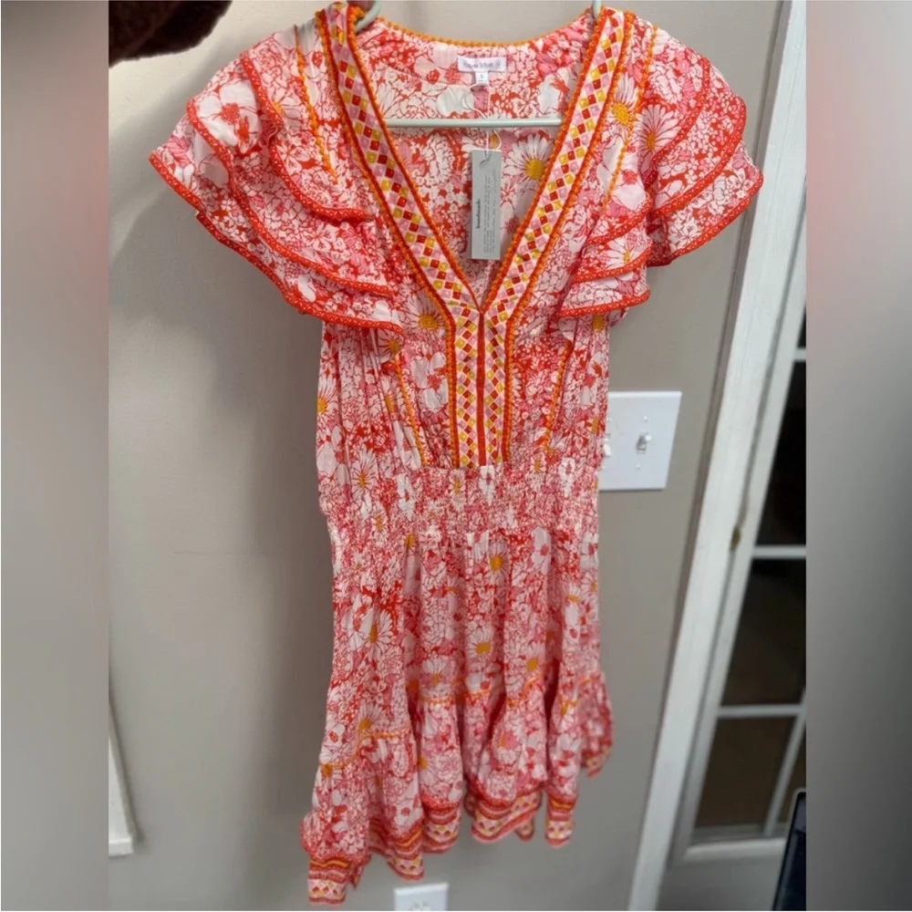 NWT Poupette St Barth Floral Boho Resort Mini Dress Pink Orange Camila - Picture 7 of 8
